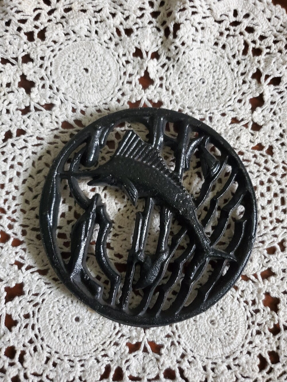Vintage Cast Iron Marlin Fish Trivet, Round Black Nautical Kitchen Hot Pad